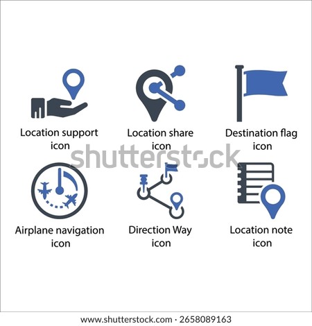 Location support, Share, Destination flag, Airplane navigation, Direction Way, Location note, icon