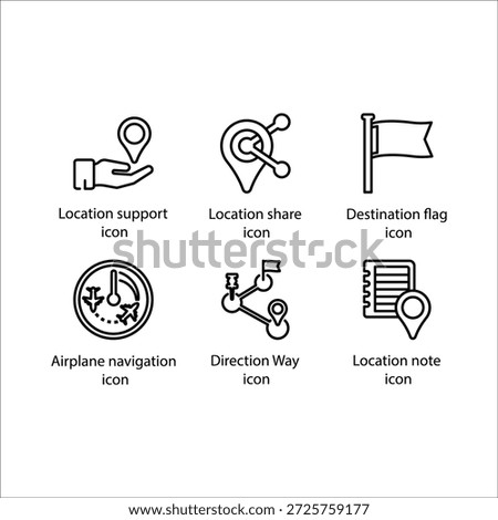 Location support, Location share, Destination flag, Airplane navigation, Direction Way, Location note, icon