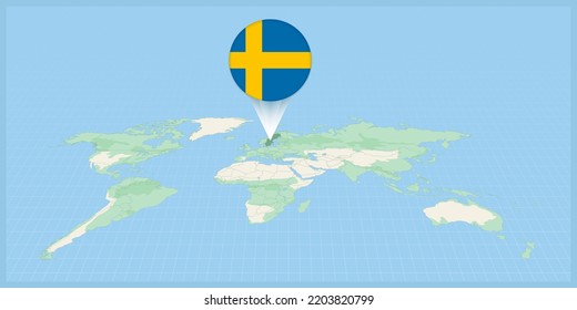 Ubicación de Suecia en el mapa del mundo, marcado con la bandera de Suecia. Ilustración vectorial cartográfica.