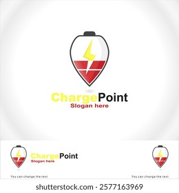 Location symbol with battery and lightning elements.