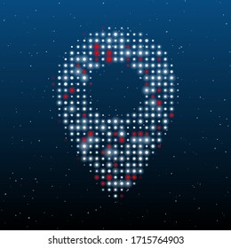 Símbolo de ubicación lleno de puntos blancos. Algunos puntos son rojos. Ilustración vectorial sobre fondo azul con estrellas