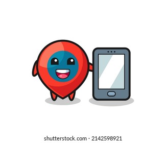 location symbol illustration cartoon holding a smartphone , cute design