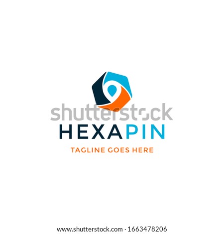 Location symbol logo design. Awesome a combination location with hexagon logo. A location and hexagon logotype.