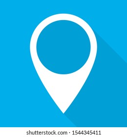 Location symbol with long shadow. Vector Illustration. Map pointer in flat style, on blue background