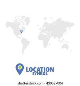 Location symbol. Map pointer, GPS location icon, world map.