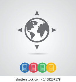 A location symbol and mark on the map vector icon. A sign of a route. An illustration of gps navigation and coordinates. A label on the map. Globe icon.