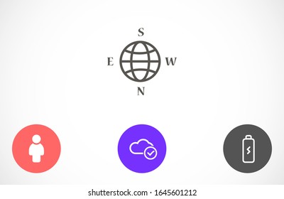 A location symbol and mark on the map vector icon. A sign of a route. An illustration of gps navigation and coordinates. A label on the map. Globe icon.