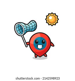 location symbol mascot illustration is catching butterfly , cute design