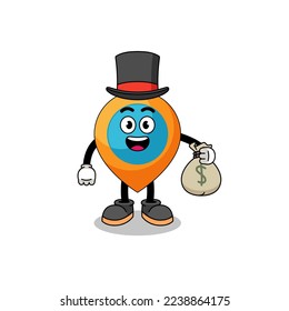 location symbol mascot illustration rich man holding a money sack , character design