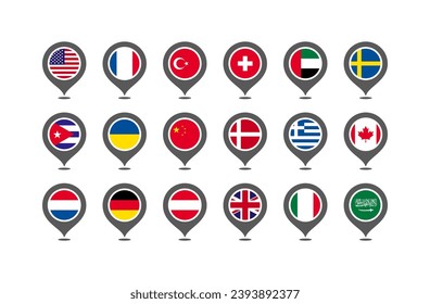 Location tags of popular countries. Flat, colored national flags in the form of a geolocation tag. Vector icons