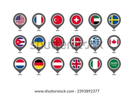 Location tags of popular countries. Flat, colored national flags in the form of a geolocation tag. Vector icons