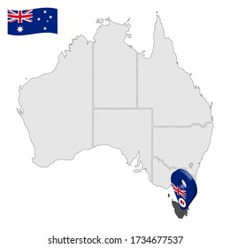 Location of Tasmania on map Australia. 3d Australian Tasmania  flag map marker location pin. Quality map with States of Australia for your web site design, app, UI. EPS10.