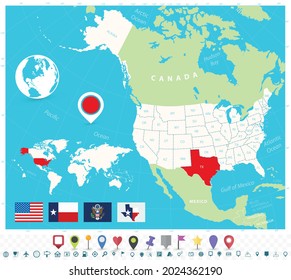 Location of Texas on USA map with flags and map icons. Detailed vector illustration.