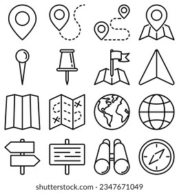 Location thin line icons set: pin, pointer, direction, route, compass, wall needle, cursor, navigation, gps, binoculars. Modern vector illustration.