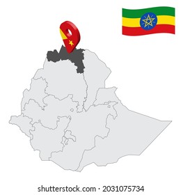 Location Tigray Region on map Ethiopia. 3d location sign similar to the flag of  Tigray. Quality map  with  provinces Ethiopia for your design. EPS10