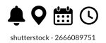 Location, time, calendar and notification bell icons set. Flat vector illustrations of pin, date, clock and bell