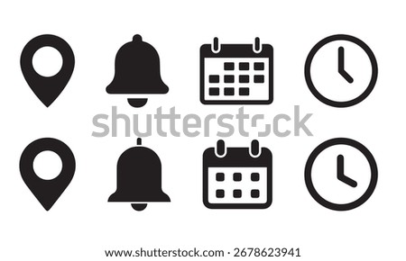 Location, time, calendar and notification bell icons set. Flat simple illustrations of pin, date, clock and bell. vector illustration eps file