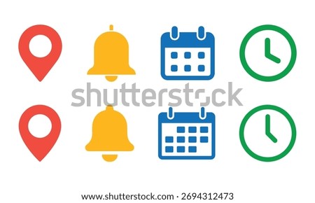 Location, time, calendar and notification bell icons set. Flat vector illustrations of pin, date, clock and bell. calendar icons set, calendar and Location, time, notification bell icons set. vector