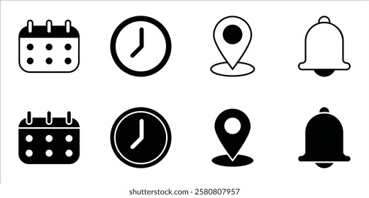 Location, time, calendar and notification icon set.