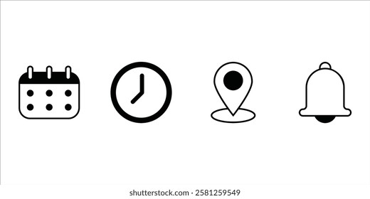 Location, time, calendar and notification icon set.