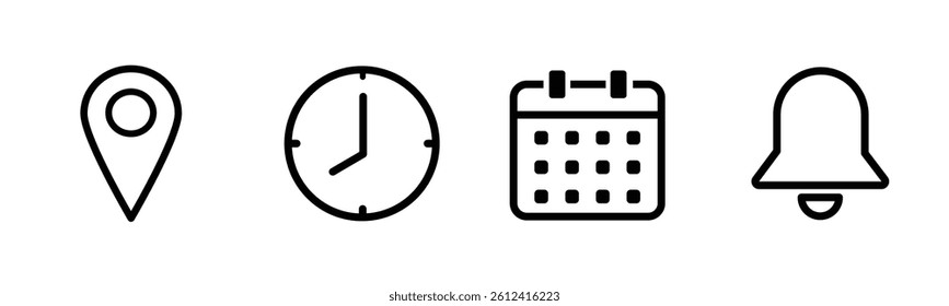 	
Location, time, calendar and notification icon. Date, time, address and notification bell icon set. business calendar schedule reminder clock sign and symbols, place pointer map event time elements 