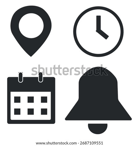 Location, Time, Calendar and Notification Icon Set Solid Style