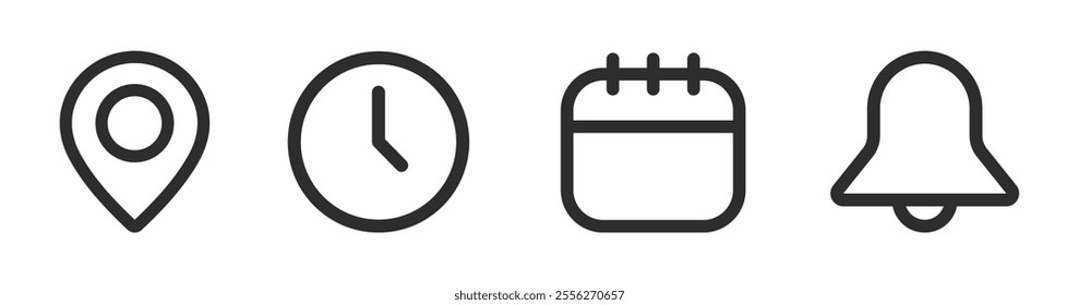 Location, time, calendar and notification lined vector icon