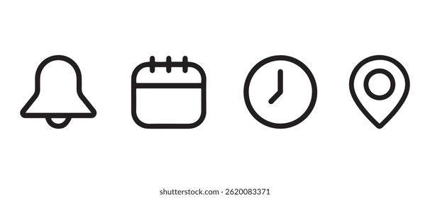 Location, time, calendar and notification lined vector icon set.