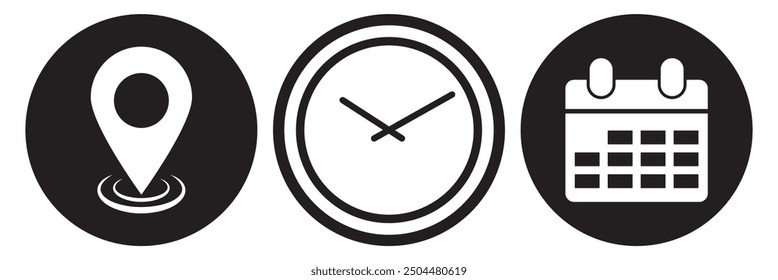 Icono de Locación, hora y fecha. Conjunto de icono de ubicación, hora y fecha. Ilustración vectorial. EPS 10