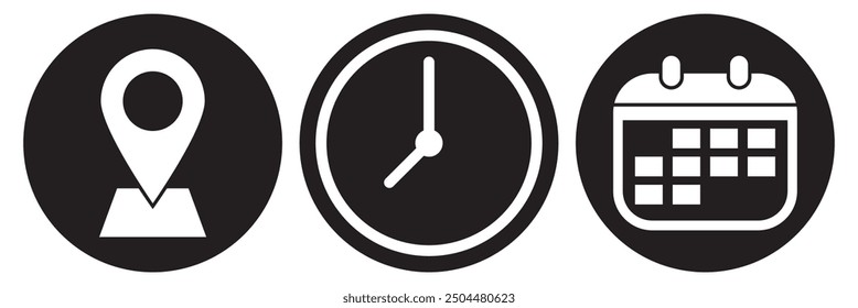 Location, time and date icon. Set of location, time and date icon. Vector illustration. EPS 10