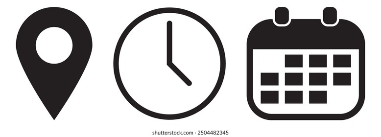 Location, time and date icon set. Vector illustration of location or address, time and date icon.