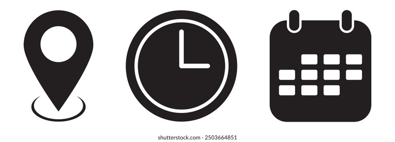 Location, time and date icons.