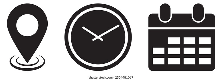 Location, time and date icons.