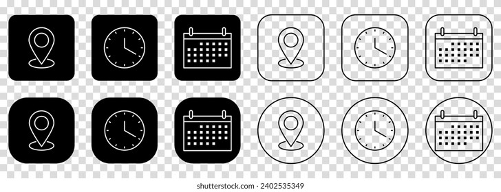 Location, time and date icons set. Information business concept. Vector illustration isolated on transparent background