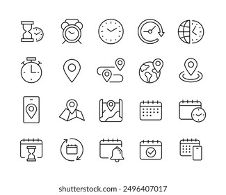 Location, Time and Date Icons - Vector Line. Editable Stroke.