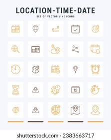 Iconos de línea Fecha y hora de ubicación. Señales de moda para sitios web, aplicaciones e interfaz de usuario. Juego de iconos de línea premium. Contorno a signos aislados.
