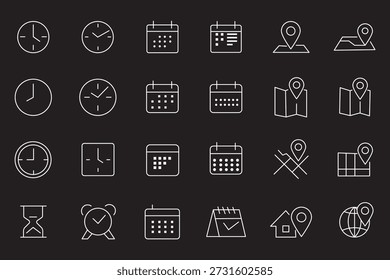 Conjunto de iconos de Locación, hora y línea de fecha. Mapa, reloj, calendario, navegación. trazo editable. Ilustración vectorial