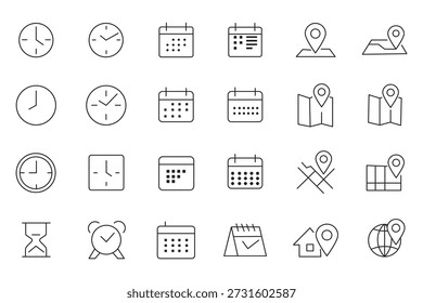 Conjunto de iconos de Locación, hora y línea de fecha. Mapa, reloj, calendario, navegación. trazo editable. Ilustración vectorial