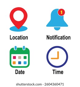 Location, Time, Date and notification icon set. Editable stroke. Linear vector outline illustration. Eps 10