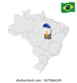 Location of Tocantins on map Brazil. 3d Tocantins location sign. Flag of Tocantins. Quality map with regions of Brazil. Stock vector. EPS10.