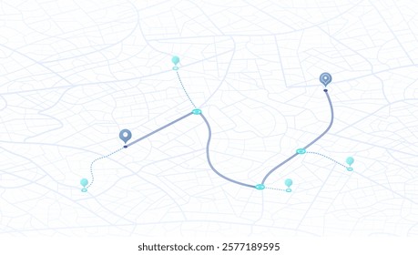 Location tracker dashboard with arrive route. City street road with pins on map and alternative ways. Isometric street roads and location, vector background. Huge city top view.