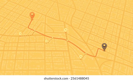 Location tracker dashboard. City street road with pins on map and alternative ways. Isometric street roads and location, vector background. Huge city top view.