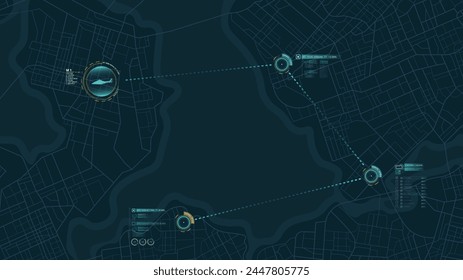 Tablero de seguimiento de Locación con datos del ordenador de tiempo de llegada. Calle de la ciudad con marcas en el mapa con vuelo en helicóptero. Calles y ubicación, fondo de Vector.