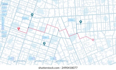 Tablero de seguimiento de Locación con datos de tiempo de llegada en el mapa de la ciudad. Búsqueda de navegación de mapas. Seguimiento de mapa de gps de tablero de ruta futurista. Ilustración vectorial