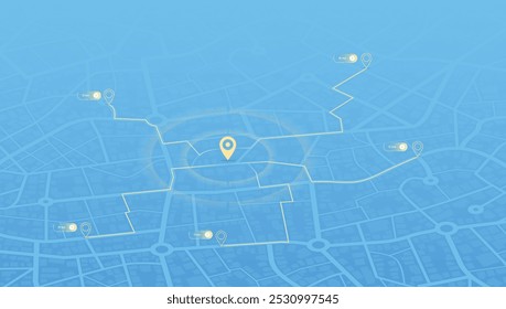 Painel do rastreador de local com dados da hora de chegada. Estrada da rua da cidade com pinos no mapa e caminhos alternativos. Estradas de rua isométricas e localização, fundo vetorial. Vista da cidade enorme