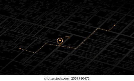 Location tracker dashboard with data of arrive time. City street road with pins on map and alternative ways. Isometric street roads and location, vector background. Huge city view