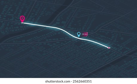 Location tracker dashboard with data of arrive time. City street road with pins on map. Isometric street roads and location, vector background. Huge city top view.