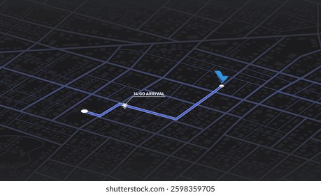 Location tracker dashboard with data of arrive time. City street road with pins on map. Isometric street roads and location, vector background. Huge city top view.