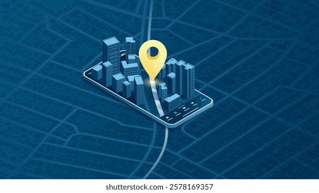 Location tracker dashboard. Mobile GPS navigation, smart car location and map pointer. Isometric city map featuring directional signs, an intended goal point on mobile. Vector illustration