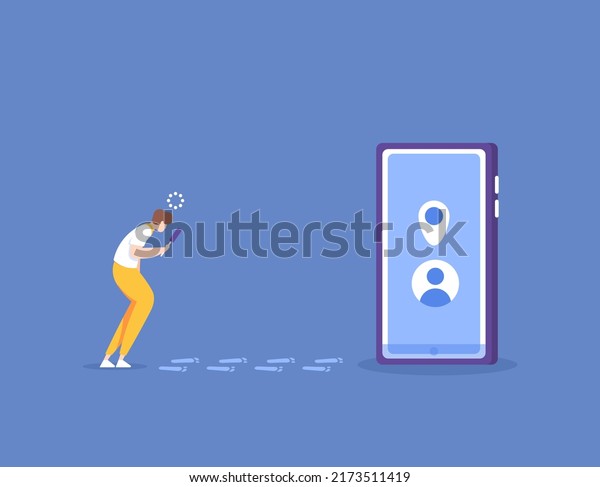 location tracker or gps tracker. a user searches\
and finds traces of the internet to find out the location of a\
smartphone. find pointers. lost device. application or software.\
illustration concept